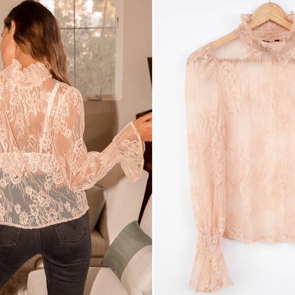 Lulu’s Sheer Leader Blush Pink Lace Mock Neck Long Sleeve Top XS - Picture 2 of 14